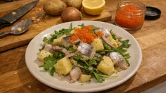 Smoked herring, potato and rocket salad with yuzu tobiko – a bright, no-fuss lunch