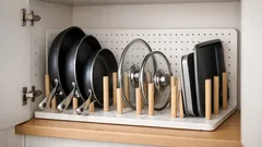 Stop the cookware avalanche with this simple pan and lid organiser
