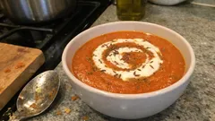 Cosy Red Kuri Squash Soup with Sweet Potato and Cumin, finished with crème fraîche
