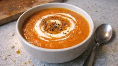 Velvety Red Kuri Squash & Sweet Potato Soup – finished with crème fraîche
